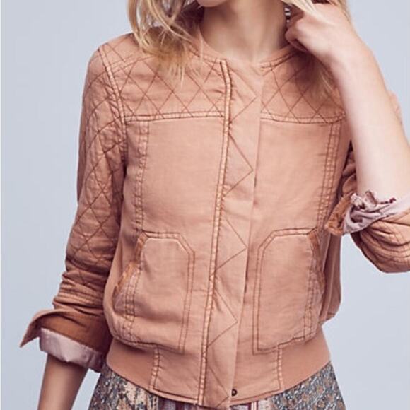 Anthropologie Hei Hei Itinerary Tan Linen Blend Quilted Bomber Jacket, Sz XS 🗣 - Picture 1 of 4